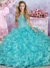 Modest See Through Scoop Beaded and Ruffled Discount Quinceanera Dresses in Aqua Blue