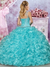 Modest See Through Scoop Beaded and Ruffled Discount Quinceanera Dresses in Aqua Blue