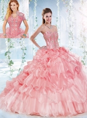 Modest Visible Boning Organza Detachable Quinceanera dresses with Beaded Bodice