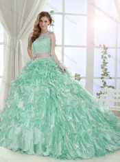 Most Popular Beaded and Laced Bodice Ruffled Detachable Quinceanera Dresses in Apple Green