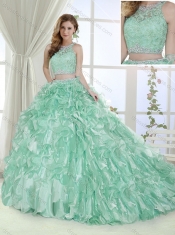 Most Popular Beaded and Laced Bodice Ruffled Detachable Quinceanera Dresses in Apple Green