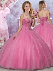 Most Popular Really Puffy Tulle Rose Pink Sweet 16 Dress with Beading