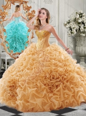 New Arrivals Organza Ruffled Champagne Discount Quinceanera Dresses with Colorful Beading