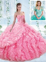 Perfect Visible Boning Ruffled Detachable Quinceanera Dresses in Rose Pink