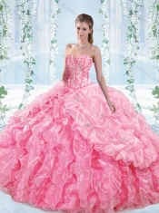 Perfect Visible Boning Ruffled Detachable Quinceanera Dresses in Rose Pink