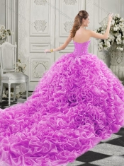 Popular Beaded Bodice and Ruffled Champagne Chapel Train Quinceanera Gown