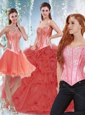 Popular Beaded Bodice and Ruffled Detachable Quinceanera dresses in Coral Red