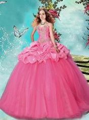 Popular Brush Train Beaded and Bubble Sweet 15th Birthday Dresses in Rose Pink