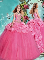 Popular Brush Train Beaded and Bubble Sweet 15th Birthday Dresses in Rose Pink