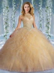Popular Mint Quinceanera Dress With Beaded Decorated Bodice and High Neck