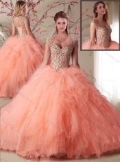 Popular Organza Peach Sweet 15th Birthday Dresses with Beading and Ruffles