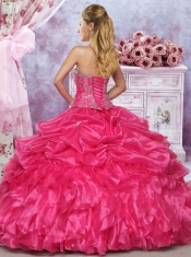 Pretty Puffy Skirt Hot Pink Dress for Quinceanera with Beading and Ruffles