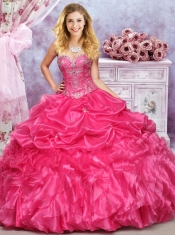Pretty Puffy Skirt Hot Pink Dress for Quinceanera with Beading and Ruffles