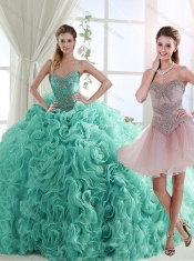 Pretty Rolling Flowers Turquoise Detachable Quinceanera Dresses with Brush Train