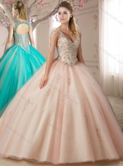 Puffy Skirts Beaded Decorated Cap Sleeves Champagne Quinceanera Dress with Beading