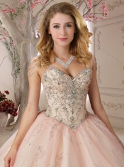 Puffy Skirts Beaded Decorated Cap Sleeves Champagne Quinceanera Dress with Beading