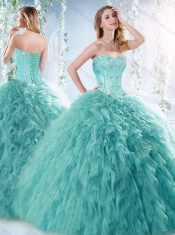 Romantic Beaded and Ruffled Aquamarine Detachable Quinceanera dresses with Brush Train