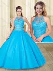 See Through and Beaded Baby Blue Sweet 16 Dress with Halter Top