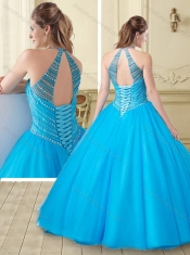 See Through and Beaded Baby Blue Sweet 16 Dress with Halter Top