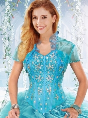 Simple Brush Train Beaded Detachable Quinceanera Gown in Aquamarine