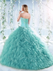 Simple Brush Train Beaded Detachable Quinceanera Gown in Aquamarine
