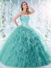 Simple Brush Train Beaded Detachable Quinceanera Gown in Aquamarine