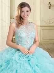 Simple See Through Beaded and Ruffled Sweet 16 Dress in Aqua Blue