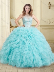Simple See Through Beaded and Ruffled Sweet 16 Dress in Aqua Blue