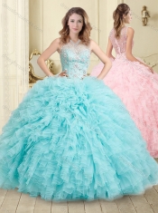 Simple See Through Beaded and Ruffled Sweet 16 Dress in Aqua Blue