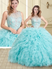 Simple See Through Beaded and Ruffled Sweet 16 Dress in Aqua Blue