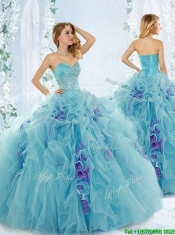 Sweet Beaded Aque Blue Discount Quinceanera Dresses in Organza