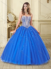Visible Boning Deep V Neck Beaded Bodice Quinceanera Dress in Blue