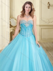 Visible Boning Really Puffy Beaded Quinceanera Gown in Aque Blue