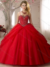 Visible Boning Spaghetti Straps Beaded Bodice Discount Quinceanera Dresses in Orange Red