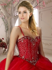 Visible Boning Spaghetti Straps Beaded Bodice Discount Quinceanera Dresses in Orange Red