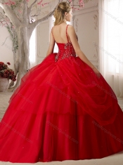 Visible Boning Spaghetti Straps Beaded Bodice Discount Quinceanera Dresses in Orange Red