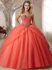 Visible Boning Spaghetti Straps Beaded Bodice Discount Quinceanera Dresses in Orange Red