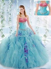 Wonderful Aqua Blue Detachable Quinceanera Dresses with Ruffles and Beading
