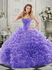 Wonderful Chapel Train Beaded and Ruffled Quinceanera Gown in Lavender