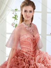 Artistic Rolling Flowers Brush Train Detachable Quinceanera Gowns with Beading