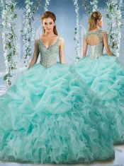 Beaded and Ruffled Aqua Blue Quinceanera Dress with Beaded Decorated Cap Sleeves