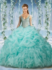 Beaded and Ruffled Aqua Blue Quinceanera Dress with Beaded Decorated Cap Sleeves