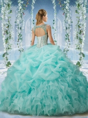 Beaded and Ruffled Aqua Blue Quinceanera Dress with Beaded Decorated Cap Sleeves