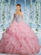 Beaded and Ruffled Aqua Blue Quinceanera Dress with Beaded Decorated Cap Sleeves