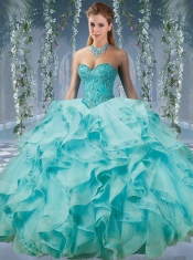 Classical Beaded and Applique Big Puffy Quinceanera Dresses in Aqua Blue