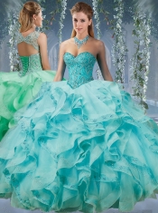 Classical Beaded and Applique Big Puffy Quinceanera Dresses in Aqua Blue