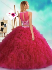 Classical Beaded and Ruffled Fuchsia Quinceanera Dresses  with See Through
