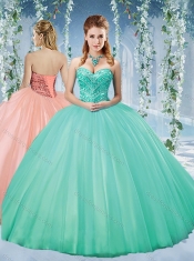 Discount Taffeta Beaded Puffy Skirt Quinceanera Gown in Turquoise