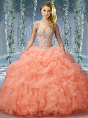 Elegant Brush Train Big Puffy Sweet 16 Dresses  with Beading and Ruffles