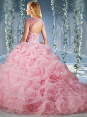 Elegant Brush Train Big Puffy Sweet 16 Dresses  with Beading and Ruffles
